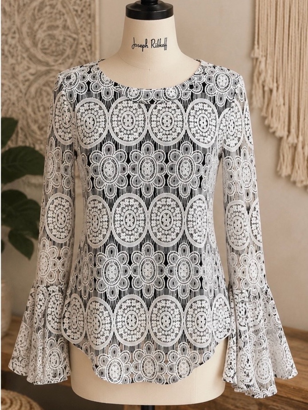 Joseph Ribkoff Black White Lace Medallion Tunic Blouse Bell Sleeve 6